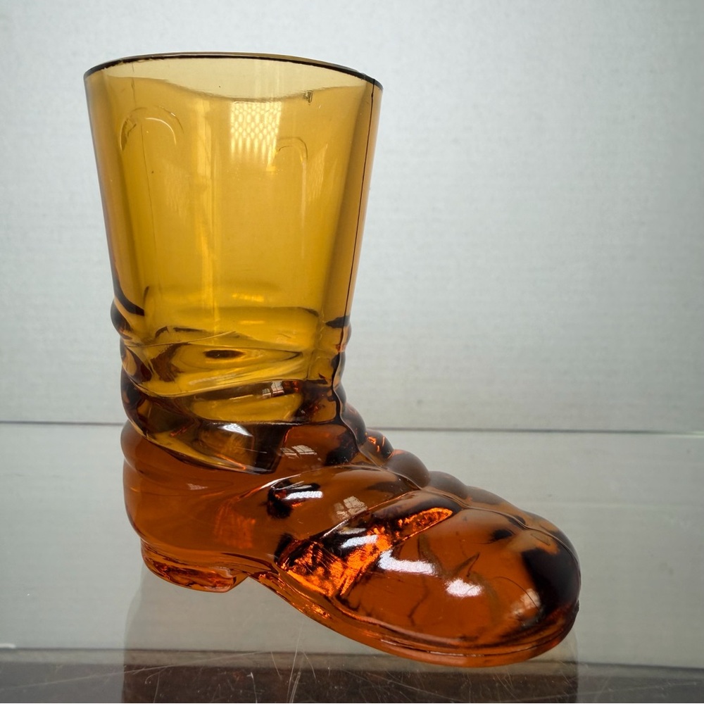 Vintage Glass Amber Cowboy Boot Shot Glass Toothpick Holder